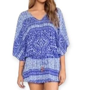 VIX PAULAHERMANNY BLUE & WHITE DRAWSTRING WAIST BLOUSE SZ.M EUC